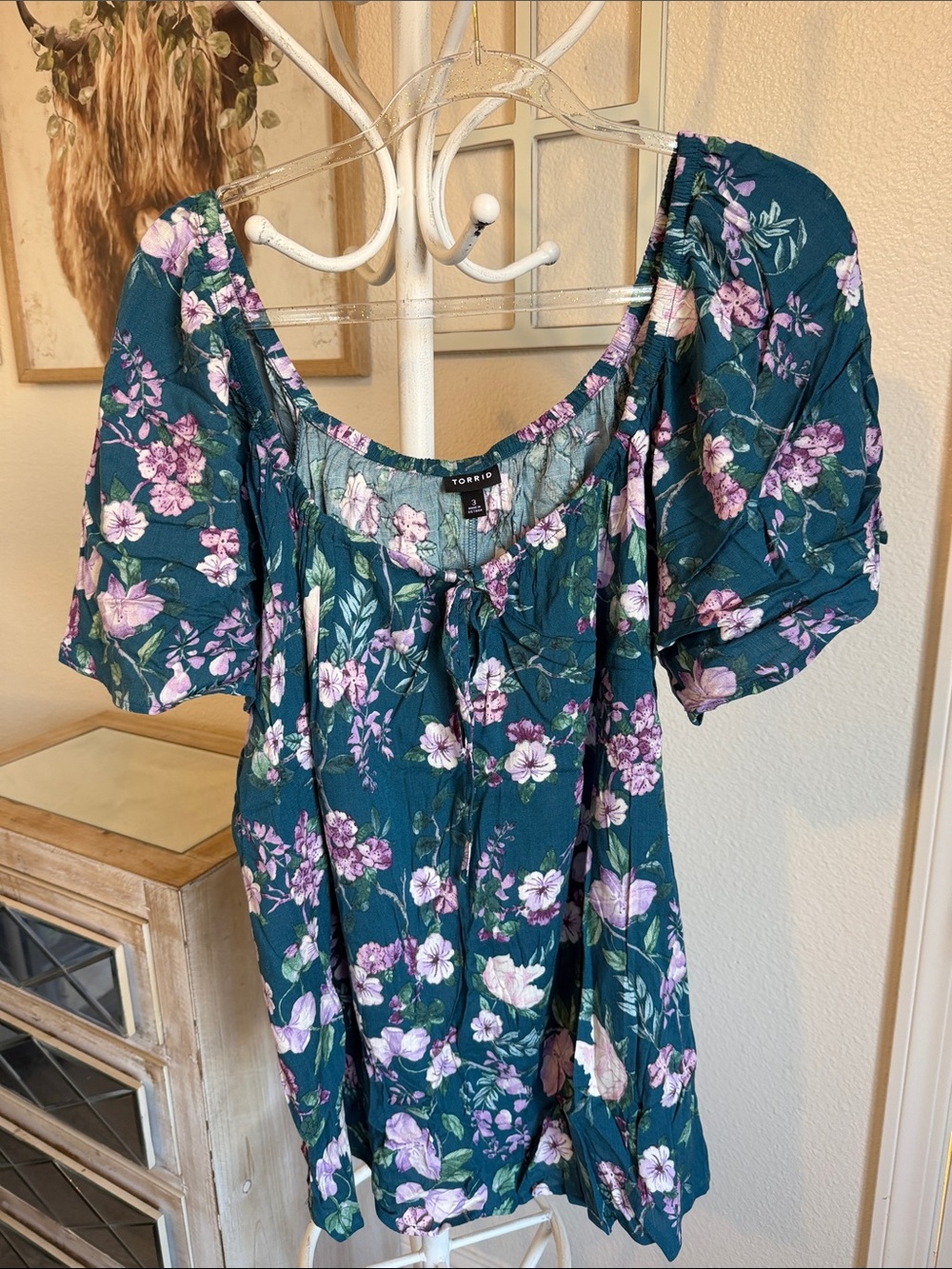 torrid Teal Floral Puff-Sleeve Peasant Blouse